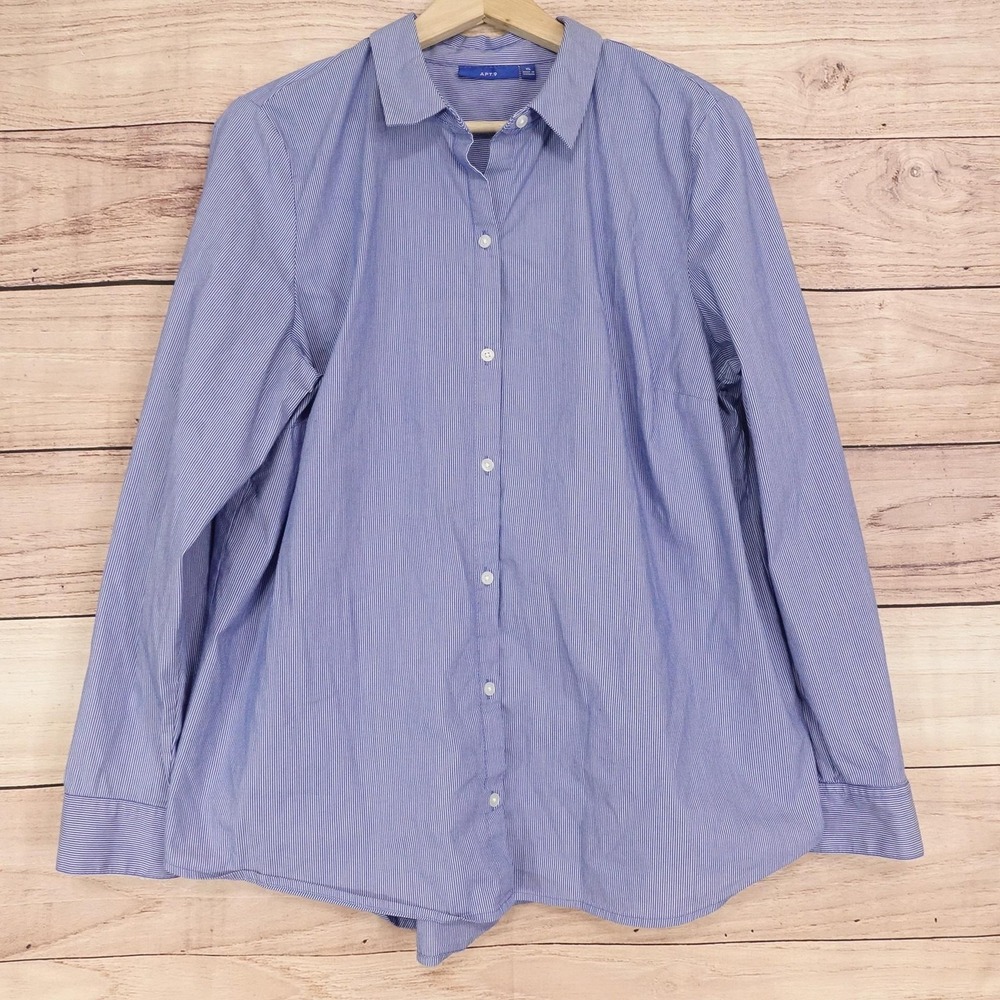 APT. 9 Button-Up Womens XL Blue Striped Collared Long Sleeve Stretch Shirt Top